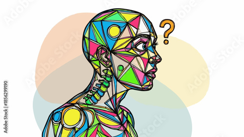Abstract human head with geometric patterns and question mark.