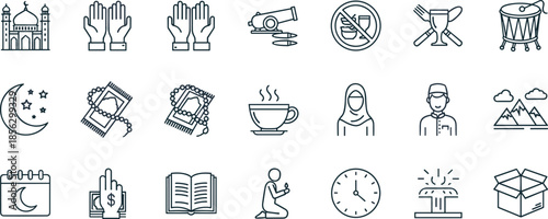 Ramadan Kareem Icon Set Featuring Islamic Symbols Like Mosque Praying Hands Crescent Moon Prayer Rug Dates Fasting Charity And Muslim Family CharactersWeb