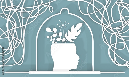 Psychotherapy concept. Metaphor of problem solving, chaos and difficult situation. Psychological help and mental health. Human head with plants as positive emotions and tangle of problems. 3D render