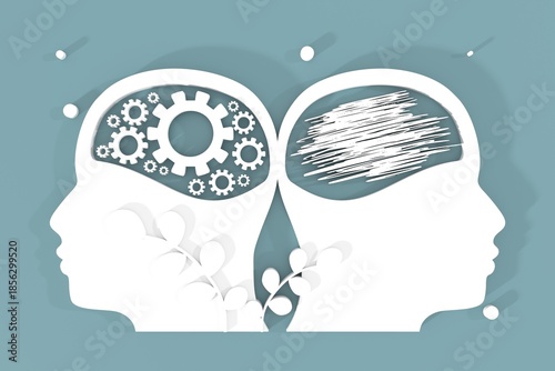 Metaphor of bipolar disorder. Split personality. Concept mood disorder. Two head silhouette. Psychology and mental health. Dual personality. Gears as brains. Mind conditions comparison. 3D render