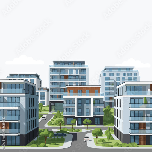 Modern residential complex with sleek apartment buildings and green spaces.