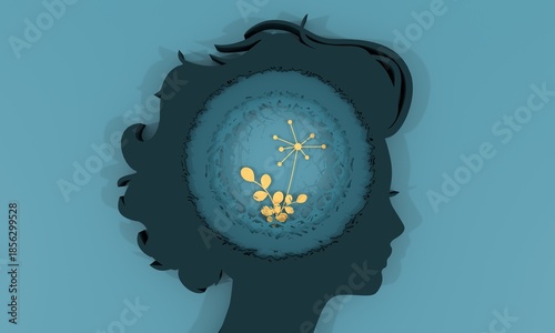 Female head with plant inside. Medicine, education and science concept. Positive thinking. Good mental health condition. Personal growth and development. Creativity and innovation. 3D render