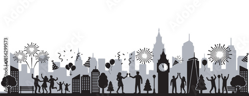 Silhouette of people celebrating and enjoying fireworks in a city skyline at night.