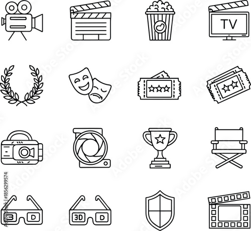 Set of sixteen minimalist cinema icons featuring movie camera popcorn 3D glasses film slate and director chair in clean monoline style (21 words)
