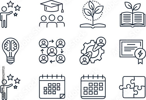Set of twelve minimalist education icons featuring graduation cap lightbulb brain growth plant certificate and puzzle in a clean monoline style (21 words)Web