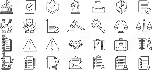 Set of twenty-eight minimalist legal icons featuring courthouse gavel scales of justice shield and law documents in a clean monoline style (21 words)