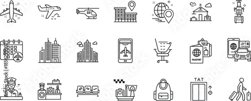 Set of twenty minimalist travel icons featuring airplanes helicopters airport buildings passports suitcases and global navigation symbols in clean monoline style (21 words)Web