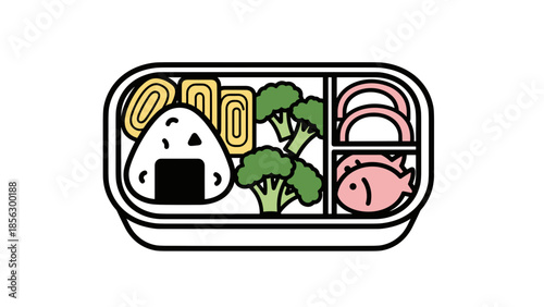 Bento Box with Rice and Vegetables Illustration.