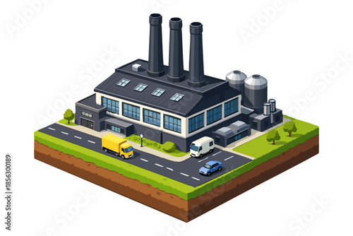 Isometric Factory Design with Tall Chimneys and Modern Roadway