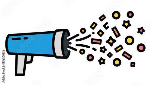 Blue Confetti Gun Shooting Colorful Shapes.