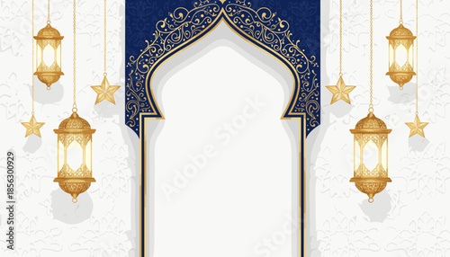 Elegant Islamic archway with hanging golden lanterns and stars, perfect for Ramadan or Eid celebrations.