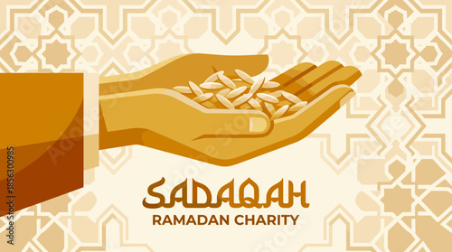 An illustration depicting hands holding grains for Sadaqah Ramadan charity, set against an Islamic patterned background.