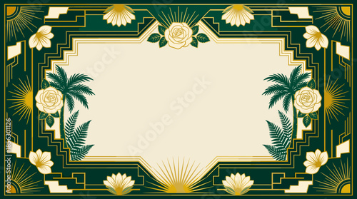 Elegant Art Deco frame with green and gold geometric patterns, featuring stylized palm trees, roses, and sunburst motifs, perfect for a luxurious invitation or banner.