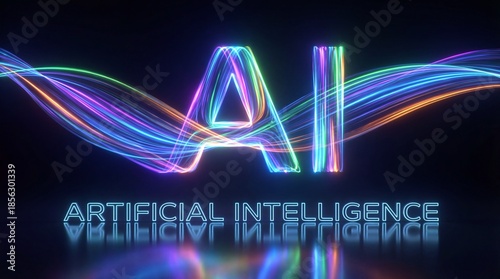 Neon AI with Light Trails on Dark Background