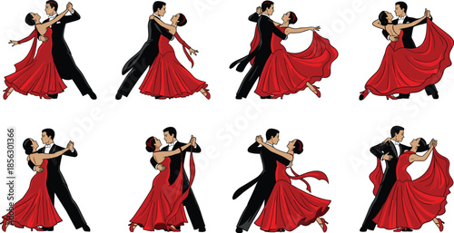 Elegant ballroom dancing couples in formal attire performing classic waltz and tango poses on white background for dance-themed stock illustrations