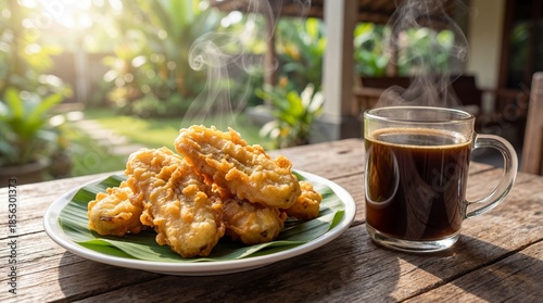 Fried Banana Fritters with Coffee in Tropical Garden