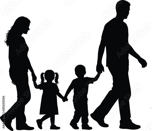 Silhouette of a family walking together holding hands, symbolizing unity, parenting, love, support, and togetherness in black vector style