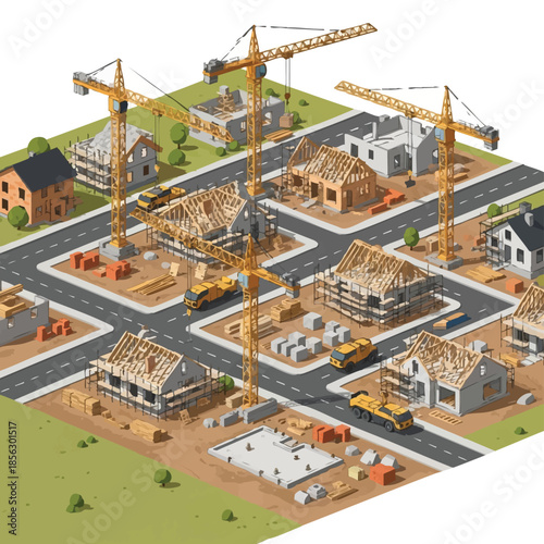 Construction Site with Cranes and Houses Under Development.