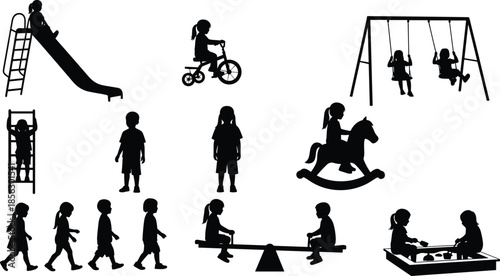Silhouettes of children playing on various playground equipment including swings, slides, seesaws, and sandbox in outdoor recreational setting