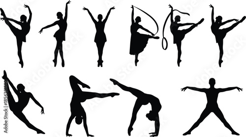 Silhouettes of dancers and gymnasts in dynamic poses showcasing flexibility, balance, and grace for fitness, performance, and artistic expression themes.