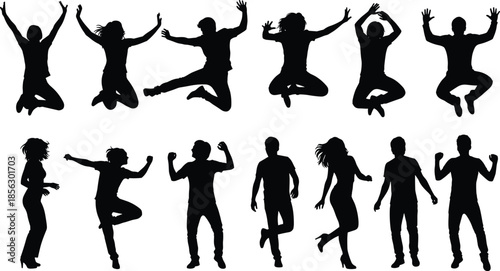 Silhouettes of energetic people in dynamic jumping and dancing poses expressing joy, motion, and emotion for creative design and animation use