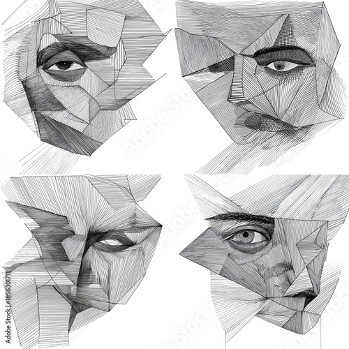 Geometric faces depicted in abstract fragmented illustrations