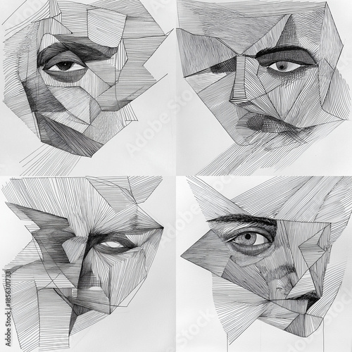 Geometric fragmented faces in pencil drawing, showcasing abstract portraits from multiple viewpoints
