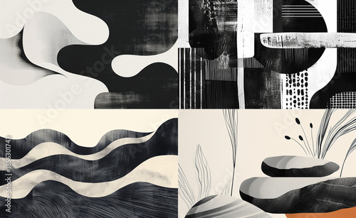 Abstract black and white illustration collage featuring wavy shapes, plants, and architectural elements