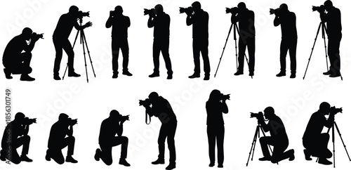 Silhouettes of photographers in various poses with cameras and tripods, black vector illustration for photography, design, and creative use.
