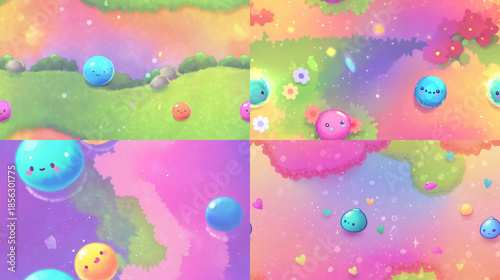Vibrant abstract illustration of colorful balls and flowers in a dreamy landscape