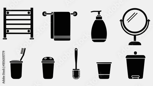 Collection of bathroom hygiene and cleaning accessories icons.