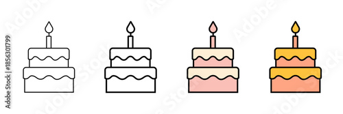 Set of minimalist birthday cake icons with transparent background, depicting festive desserts for celebration, party, and anniversary events, vector illustration