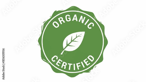 Green Organic Certified Stamp with Leaf Symbol.