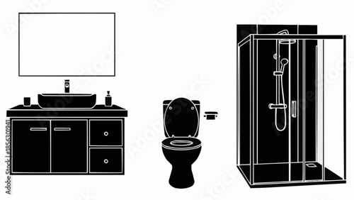 Modern Bathroom Fixtures Illustration Black and White.
