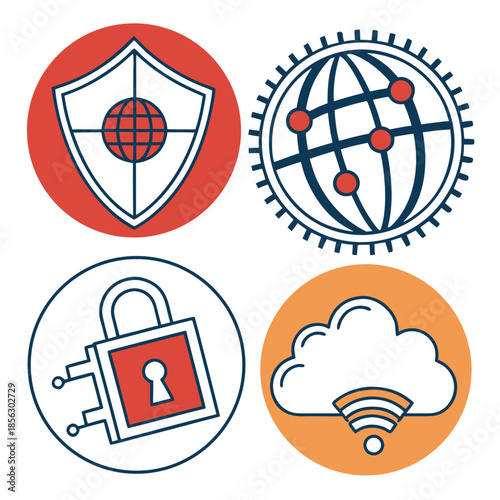 Cyber security icon set. Data and network protection symbols for app, ui, website. Computer technology protection, internet safety, secure cloud access, privacy vector icons.