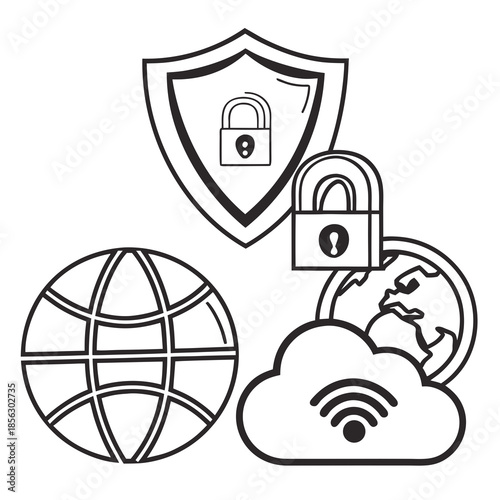 Cyber security icon set. Data and network protection symbols for app, ui, website. Computer technology protection, internet safety, secure cloud access, privacy vector icons.