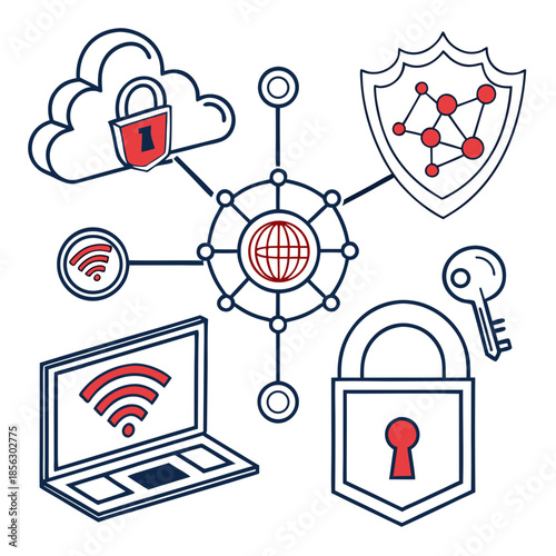 Cyber security icon set. Data and network protection symbols for app, ui, website. Computer technology protection, internet safety, secure cloud access, privacy vector icons.