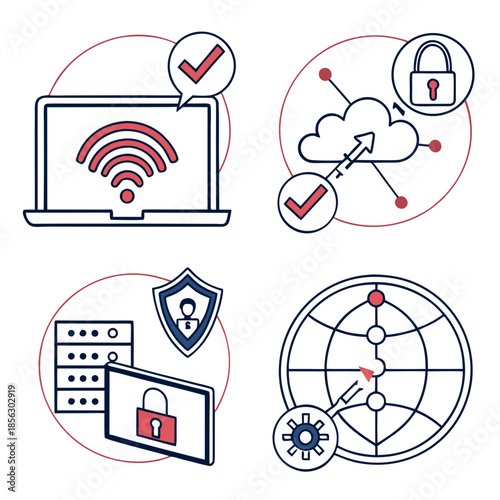 Cyber security icon set. Data and network protection symbols for app, ui, website. Computer technology protection, internet safety, secure cloud access, privacy vector icons.