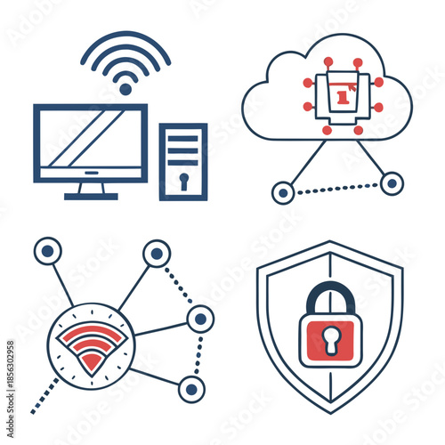 Cyber security icon set. Data and network protection symbols for app, ui, website. Computer technology protection, internet safety, secure cloud access, privacy vector icons.