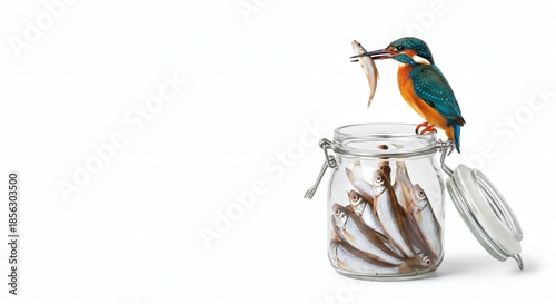 Common kingfisher holding small fish in beak while standing on glass jar filled with fish on a white background. Studio wildlife photography isolated white. Fishing behavior and bird feeding concept