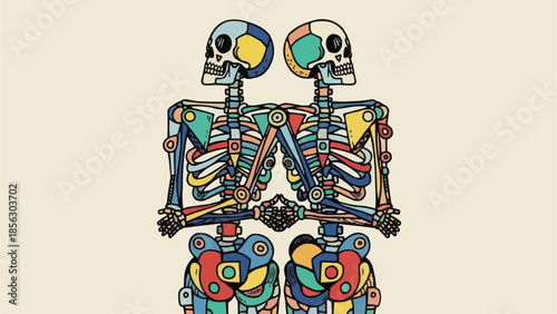 Two Skeletons Embracing with Colorful Rib Cages.