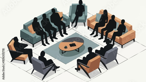 Group therapy session with silhouettes of people sitting in a circle.