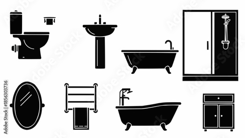 Collection of bathroom fixtures and accessories in silhouette style.