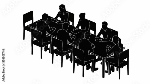 Silhouettes of people sitting around a long table in a meeting or discussion.