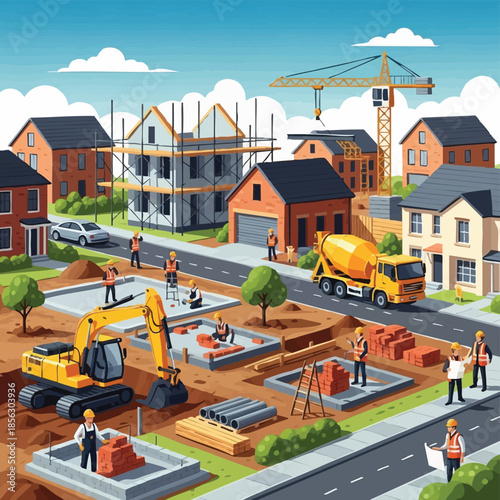 Construction Site with Houses Workers Excavator Crane and Concrete Mixer.