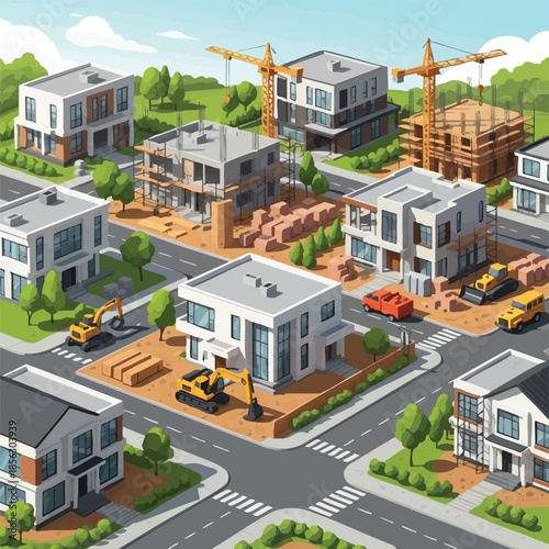 Housing development under construction with cranes and machinery.