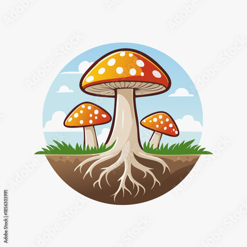 Cartoon Mushrooms with Roots in a Circular Frame.