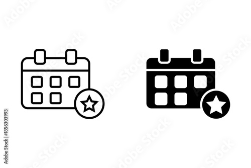 Calendar with star icon. Special event solid glyph and line icon with star on a calendar. Celebration important appointment icon. Party date reminder planner symbol vector illustration