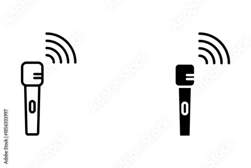 Microphone and sound wave icon isolated on white background, representing audio recording and broadcasting in a simple, minimalist style
