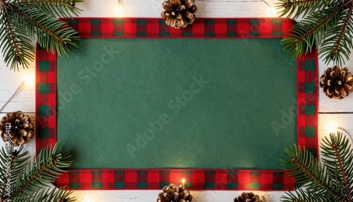 Festive Green Background Framed with Pine Cones and Tartan Ribbon Lights Ready for Holiday Celebrations